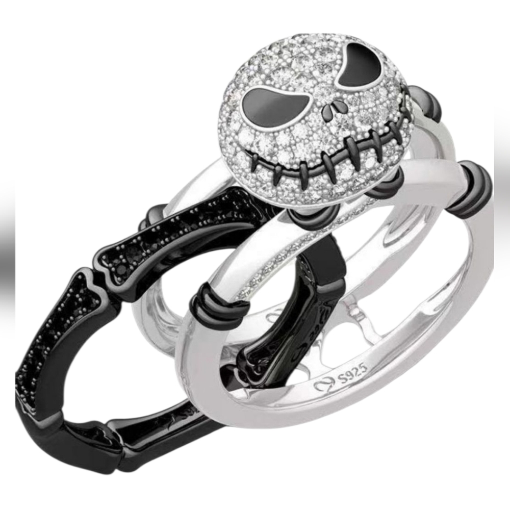 😁Nightmare Before Christmas Silver and Black Jack Skull Stackable Ring Size 6